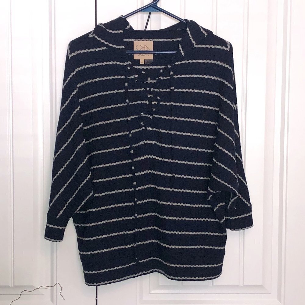 Chaser thermal raglan striped pullover hoodie; Med